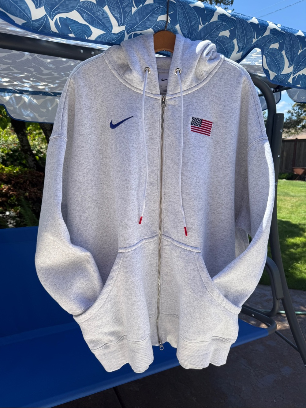 Nike Grey Zip-Up Hoodie with USA Flag and Navy Swoosh
